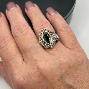 Stunning 18KGE Two Tone Marquee Black Faceted CZ Stone Size 7.5 Ring